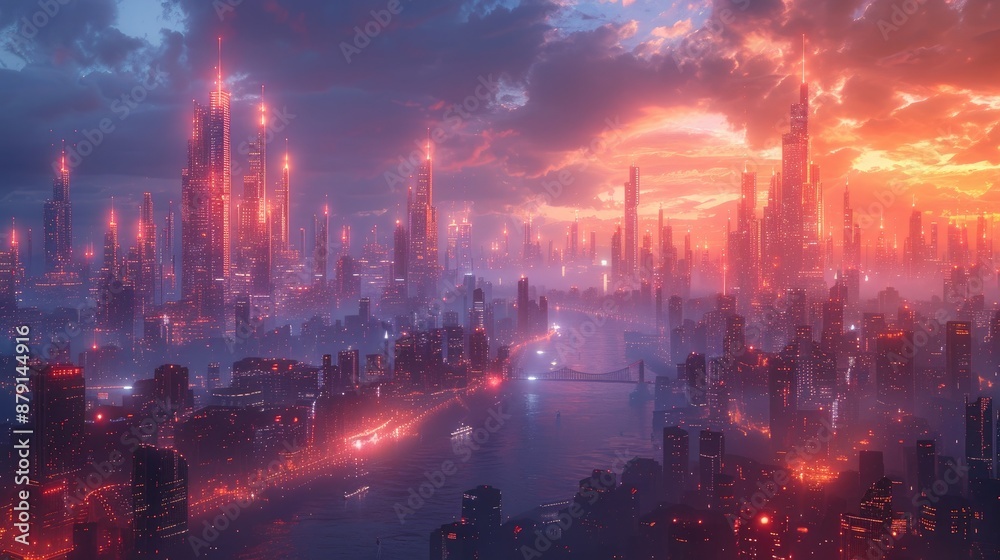 Fototapeta premium Artistic rendering of futuristic city skyline with holographic elements, ideal for sci-fi concepts
