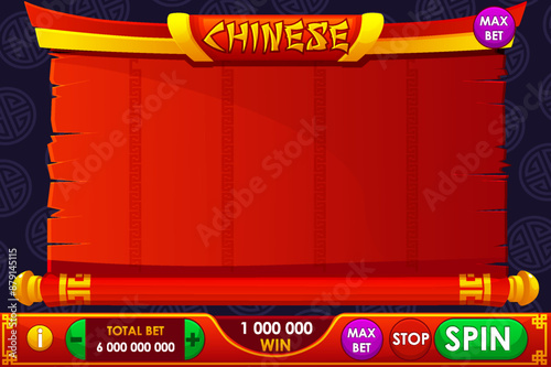 Casino slot machine game UI design. Gambling mobile app concept for the Chinese themed Casino Game.