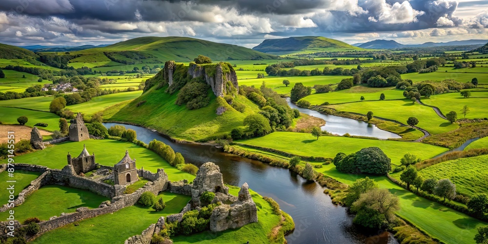 Beautiful image of lush green Irish countryside with rocky outcroppings, meandering river, and ancient ruins Beautiful image of lush green Irish countryside with rocky outcroppings, meandering river, and ancient ruins