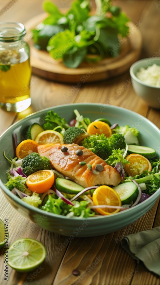 A fresh and colorful salad is beautifully presented in a bowl on a wooden table A fresh and colorful salad is beautifully presented in a bowl on a wooden table