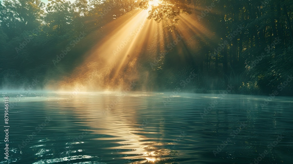Sun rays reflecting off calm river surface Sun rays reflecting off calm river surface