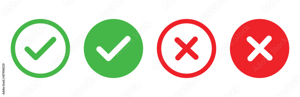 Obraz premium check mark cross vector icon set red green tick right wrong correct ok done approved sign symbol button 