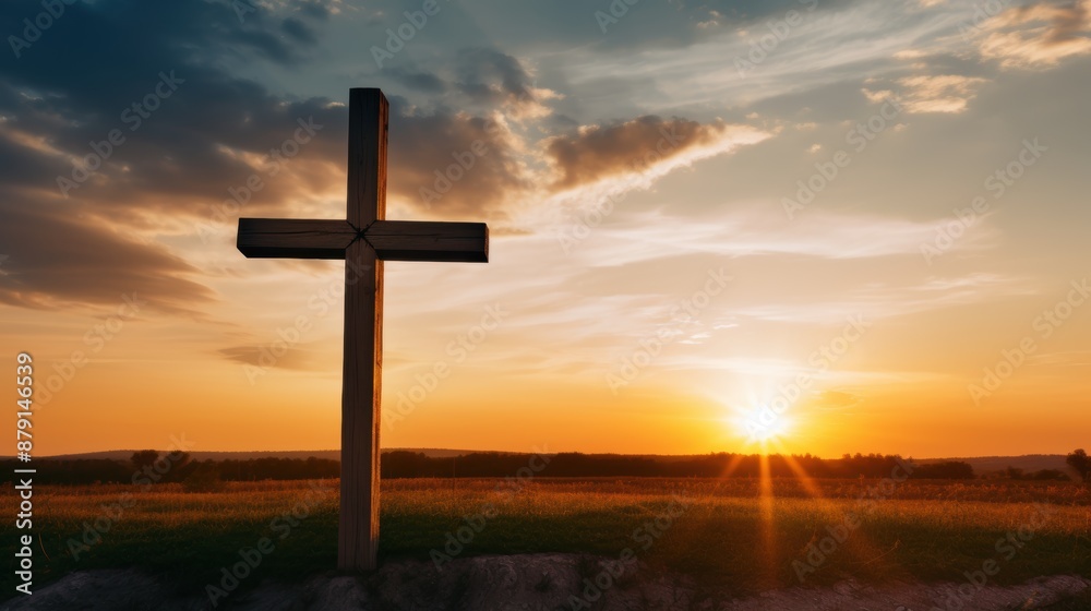 Silhouette of a cross against a dramatic sunset sky Silhouette of a cross against a dramatic sunset sky
