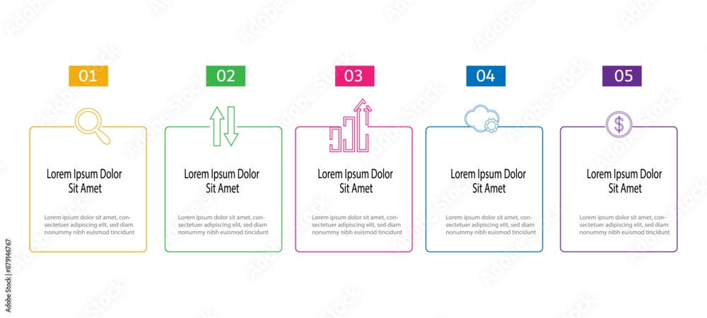 Linear square infographic with 5 steps and icons Linear square infographic with 5 steps and icons