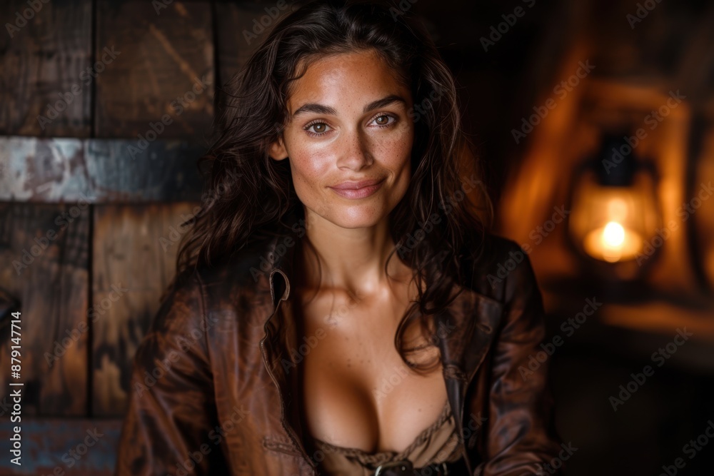 Alluring woman in leather jacket posing in rustic setting Alluring woman in leather jacket posing in rustic setting