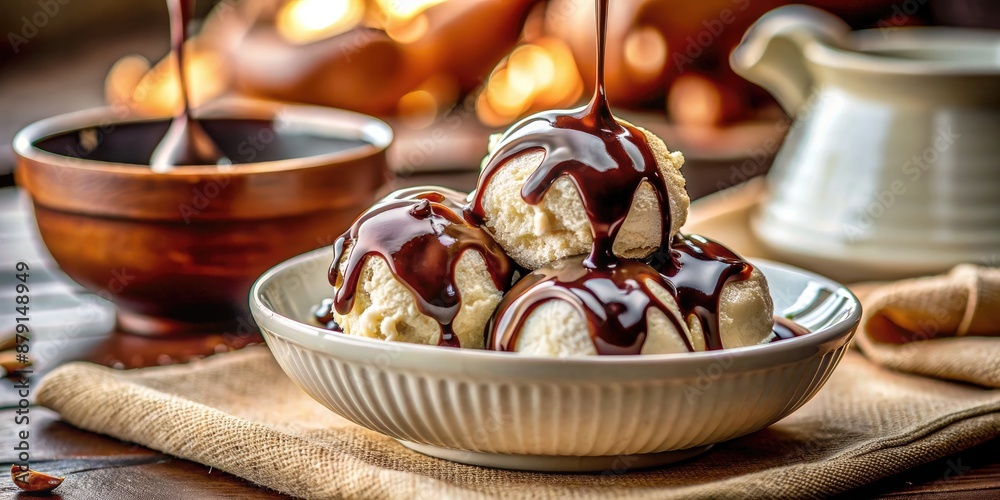 Bowl of delicious ice cream topped with chocolate syrup.