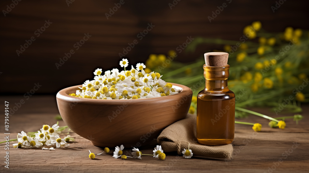 Bottle of Chamomile oil with mortar and wooden bowl. Bottle of Chamomile oil with mortar and wooden bowl.