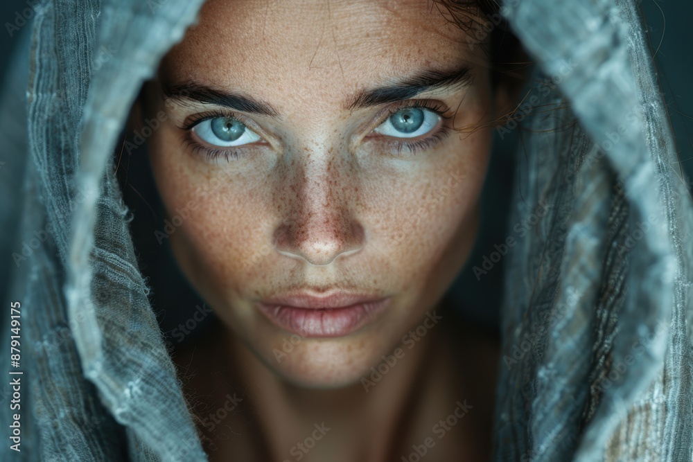 Mysterious woman with striking blue eyes Mysterious woman with striking blue eyes