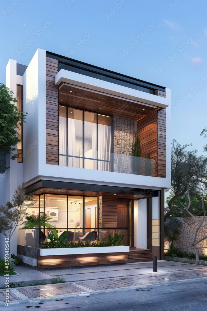 A large house with a stone chimney and a large glass window. The house is very modern and has a lot of glass A large house with a stone chimney and a large glass window. The house is very modern and has a lot of glass