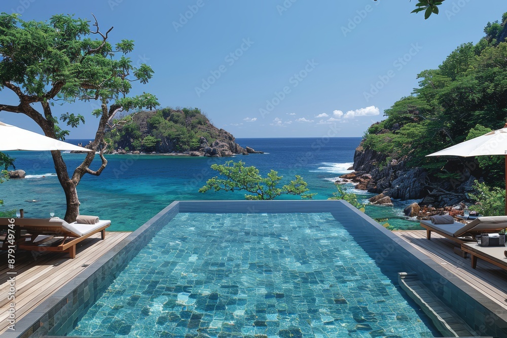 Fototapeta premium Tropical Resort Infinity Pool Overlooking Ocean and Lush Landscape