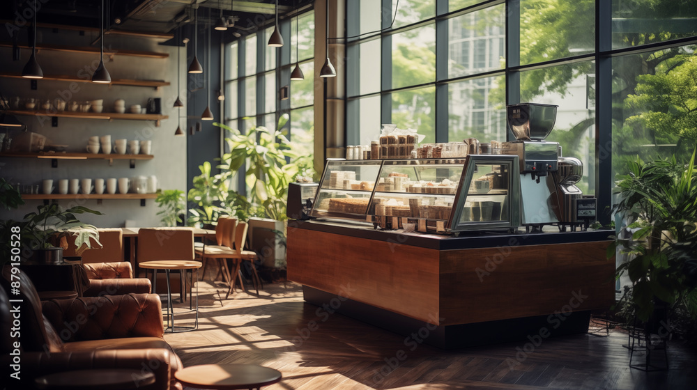 Interior design of cafe with wooden and modern style, Decorated with cozy tone, Coffee machine, Using natural light. Interior design of cafe with wooden and modern style, Decorated with cozy tone, Coffee machine, Using natural light.