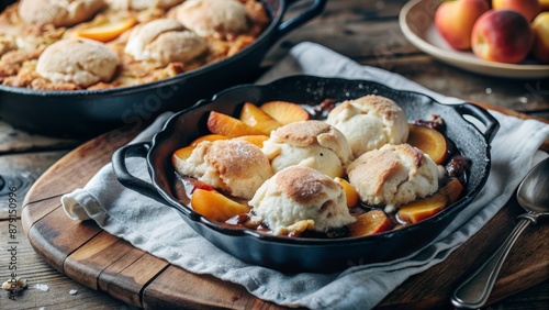 Peach Cobbler with Biscuits - A freshly baked peach cobbler with biscuits in a cast iron skillet. - A freshly baked peach cobbler with biscuits in a cast iron skillet.