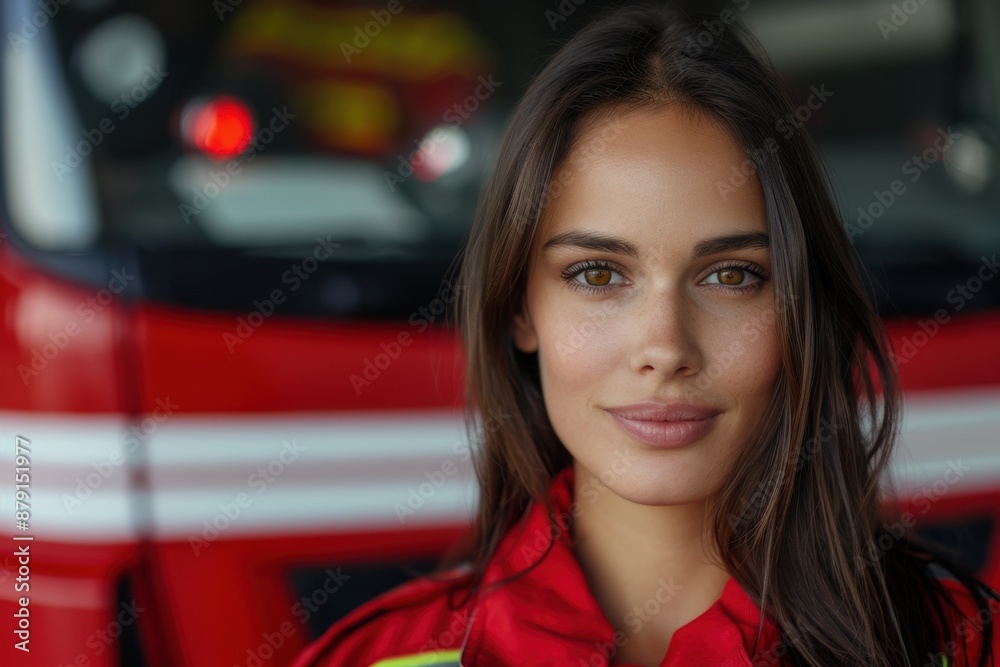Confident woman in red jacket posing in front of car Confident woman in red jacket posing in front of car