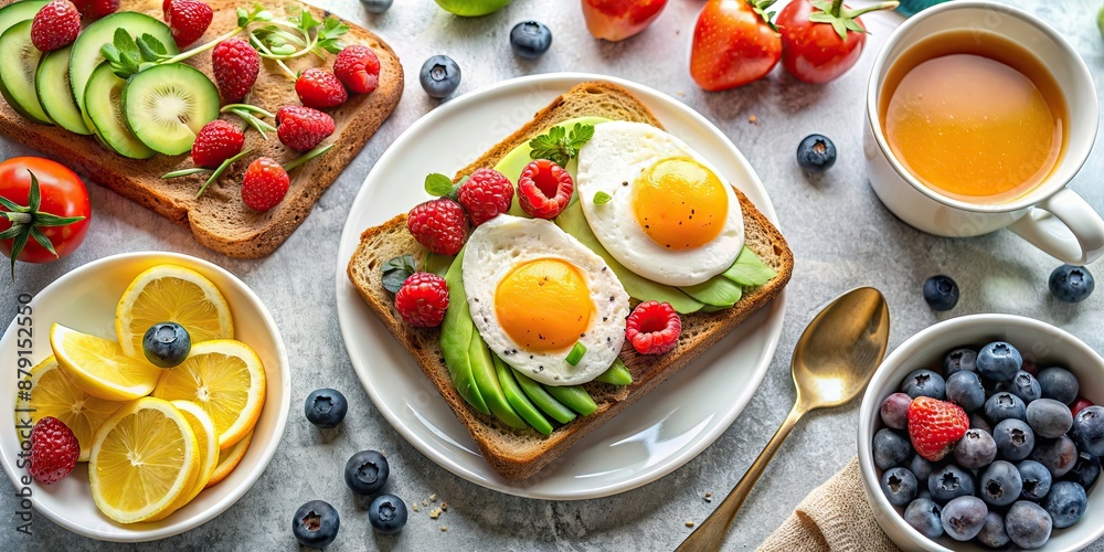 A delicious and nutritious breakfast spread with eggs, avocado, toast, berries, and orange juice, healthy, morning A delicious and nutritious breakfast spread with eggs, avocado, toast, berries, and orange juice, healthy, morning