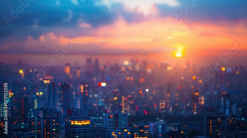 Softly blurred skyline of city at sunset