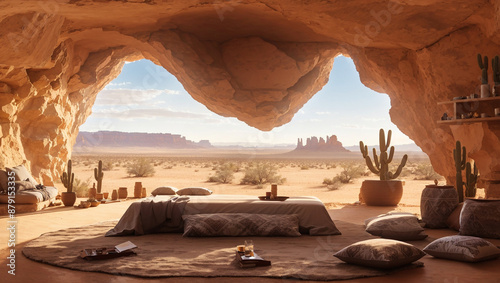 The image shows a desert scene viewed from inside a cave, with a large rug, pillows, and a table in the foreground. There are several cacti and a view of distant mountains.


