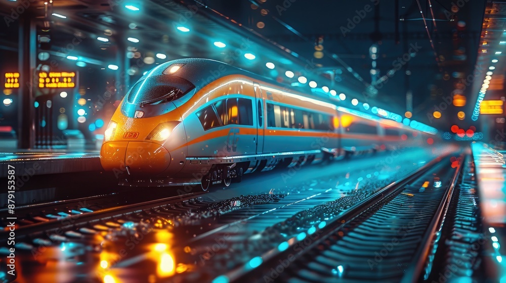 Fototapeta premium Dynamic motion blur of a speeding train passing through a station at night, representing transportation