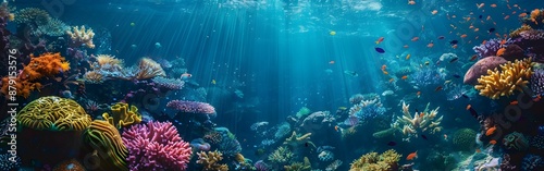 Vibrant Underwater Coral Reef with Sunlight Rays and Colorful Marine Life
