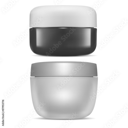 Cream jar, plastic container mock up. Face makeup bottle with cap, silver blank. Skin butter jar template, clean design illustration. Beauty cosmetic gel packaging