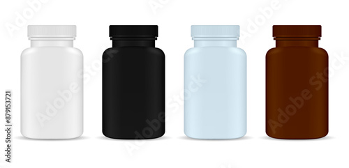 Supplement bottle. Medicine pill jar, plastic blank. Vitamin capsule container closeup. Pharmacy drug tablet package with cap, antibiotic aspirin. Sport supplement jar design