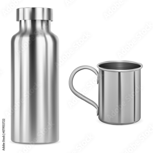 Stainless steel water bottle with metal tumbler cup. Reusable thermo bottle template design for camping and sport. Aluminum travel mug for advertisement and identity
