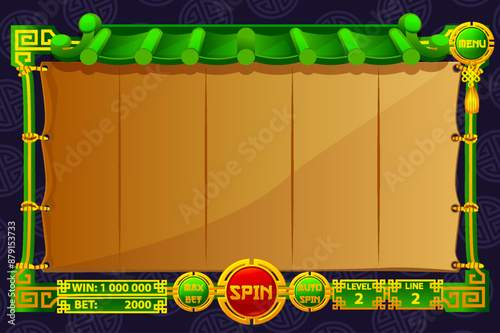 The game user interface is cartoon-style with basic buttons for your designs. Casino slot machine game UI design for the Chinese-themed Casino Game.