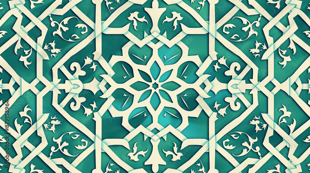 A green and white patterned background with a flowery design A green and white patterned background with a flowery design
