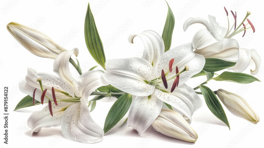 Fototapeta premium Elegant White Lilies with Delicate Red Stamens