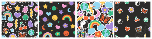 Fun retro cartoon sticker seamless pattern set. Trendy 90s doodle icon background with flower, happy face and butterfly. Colorful vintage groovy art label wallpaper, cool emoticon symbol print. 