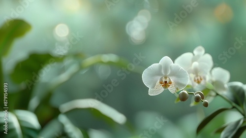 Macro shot of peacock orchid, soft-focus exotic garden backdrop, lush greenery, evoke grace, elegant and ethereal composition.