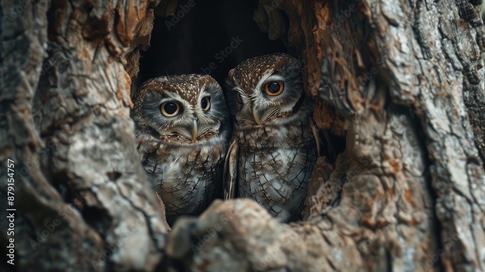 Three owls in tree hollow looking ahead Species Athene noctua Flat orientation Blank area for text Three owls in tree hollow looking ahead Species Athene noctua Flat orientation Blank area for text