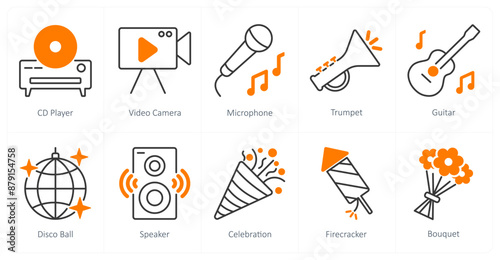 A set of 10 Party and Celebration icons as cd player, video camera, microphone