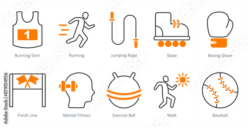 A set of 10 Sports and Fitness icons as running shirt, running, jumping rope