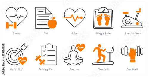 A set of 10 Sports and Fitness icons as fitness, diet, pulse