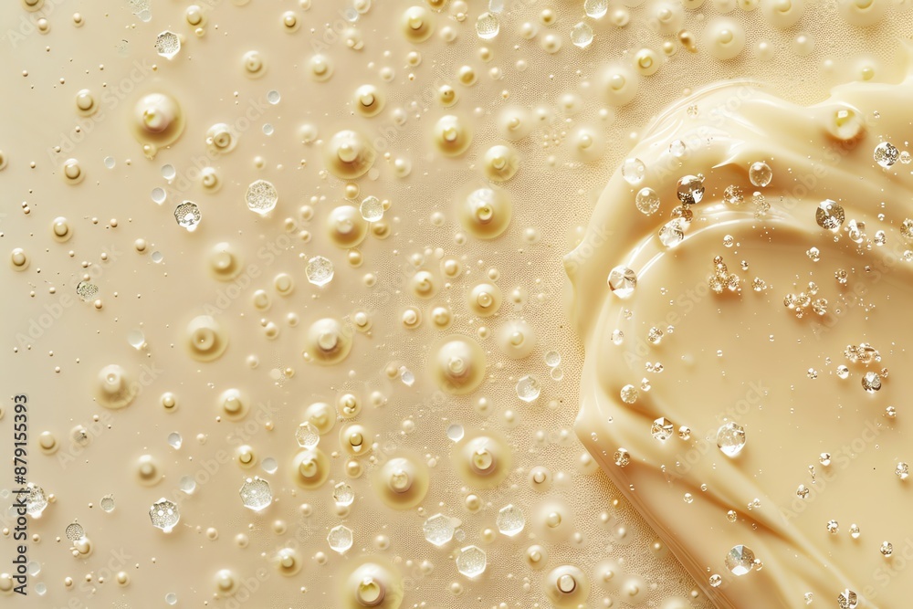Light gold liquid with suspended bubbles and droplets. The liquid should have a smooth, creamy consistency and a slightly glossy sheen. Light gold liquid with suspended bubbles and droplets. The liquid should have a smooth, creamy consistency and a slightly glossy sheen.