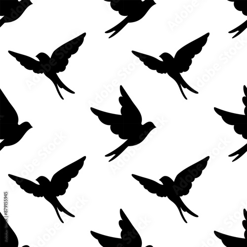 Seamless pattern of springtime birdie swallow. Spring bird. Background design. Repeating print for fabric, wrapping paper, textile