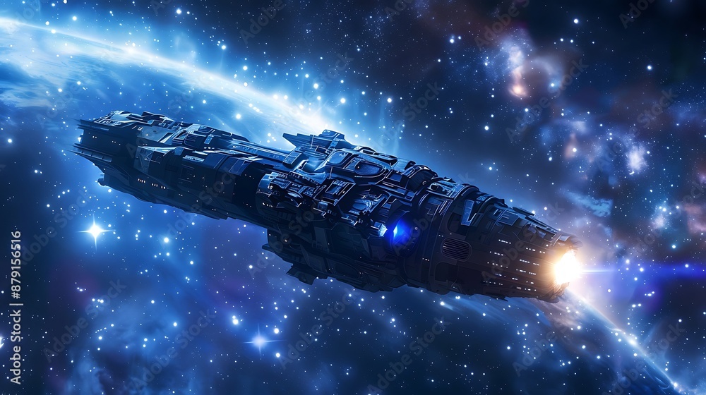 Spaceship in deep space flying past an unknown planet, with multiple stars and asteroids. Spaceship in deep space flying past an unknown planet, with multiple stars and asteroids.