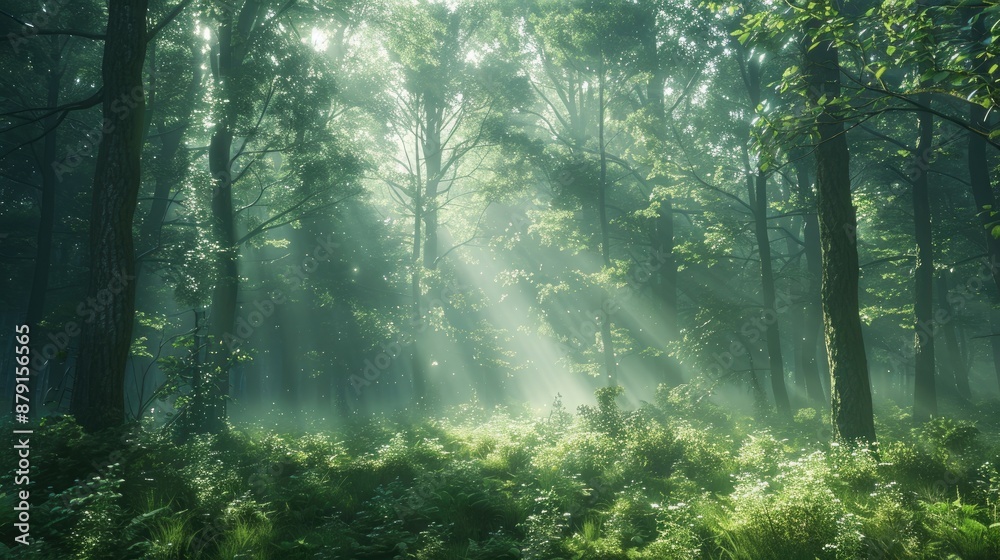 Fototapeta premium Peaceful forest scene with misty morning light filtering through trees, ideal for nature themes