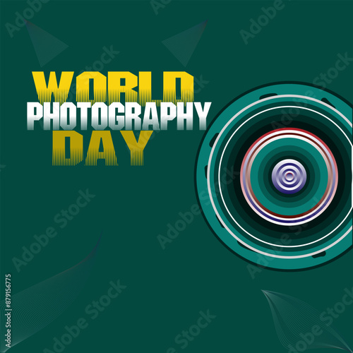 World photography day vector design illustration. Text with decorative elements and camera lense