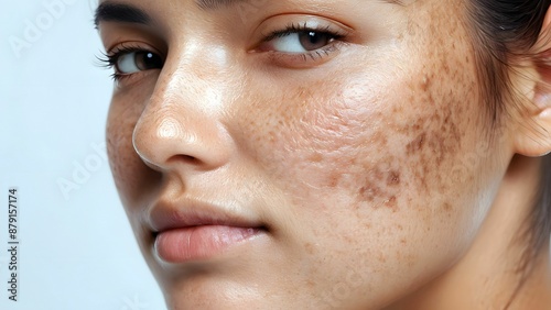 Close-up attractive young woman face with pigmentation skin, melasma (hyperpigmentation caused by hormonal changes) or freckles ( flat skin spots usually caused by genetics and exposure to the sun)