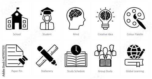 A set of 10 School and Education icons as school, student, mind