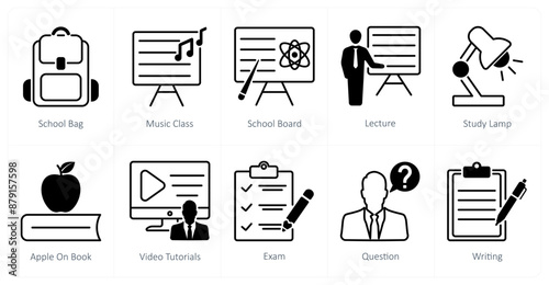 A set of 10 School and Education icons as school bag, music class, school board