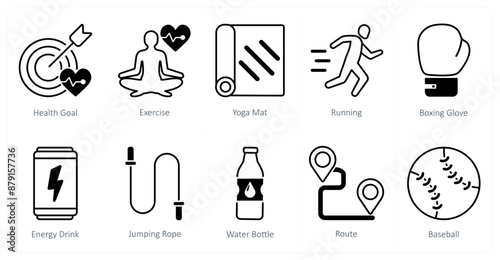 A set of 10 Sports and Fitness icons as health goal, exercise, yoga mat