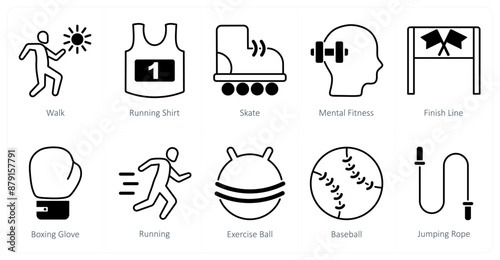 A set of 10 Sports and Fitness icons as walk, running shirt, skate