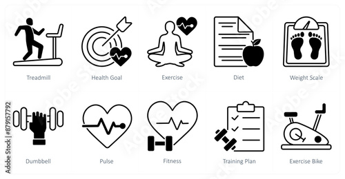 A set of 10 Sports and Fitness icons as treadmill, health goal, exercise