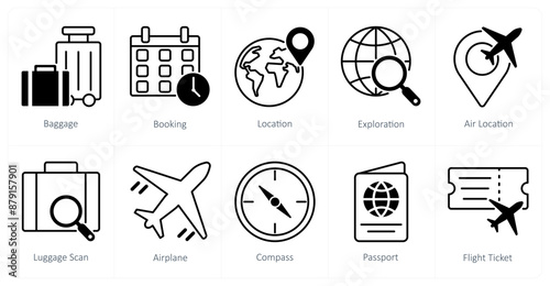 A set of 10 Summer and Vacation icons as baggage, booking, location