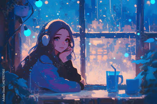 LoFi Girl enjoying a latte at a coffee shop window while watching the rain. Anime style, Cozy vibes