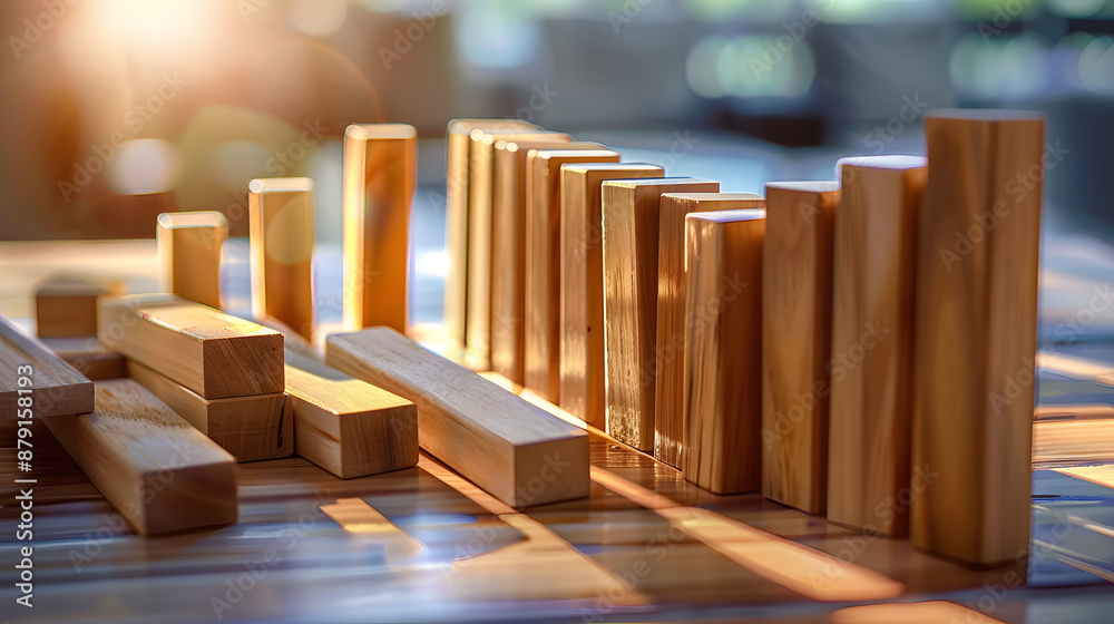 Stopping wooden block domino effect symbolizes risk management and strategic business solutions mitigating crisis and protecting corporate stability. Stopping wooden block domino effect symbolizes risk management and strategic business solutions mitigating crisis and protecting corporate stability.