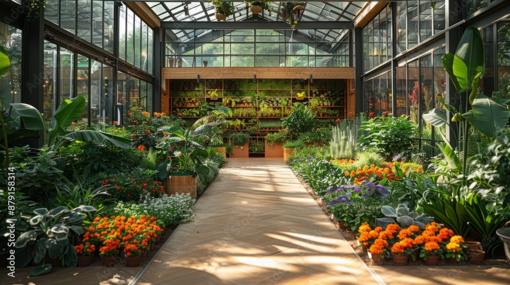 A sunny path winds through a greenhouse filled with green plants and orange flowers, featuring a glass roof and windows for natural light. A sunny path winds through a greenhouse filled with green plants and orange flowers, featuring a glass roof and windows for natural light.