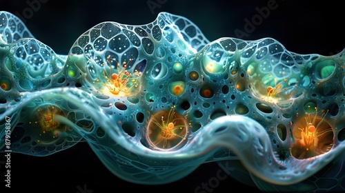 Abstract digital art depicting intricate glowing structures resembling microscopic organisms with vibrant colors and complex patterns.